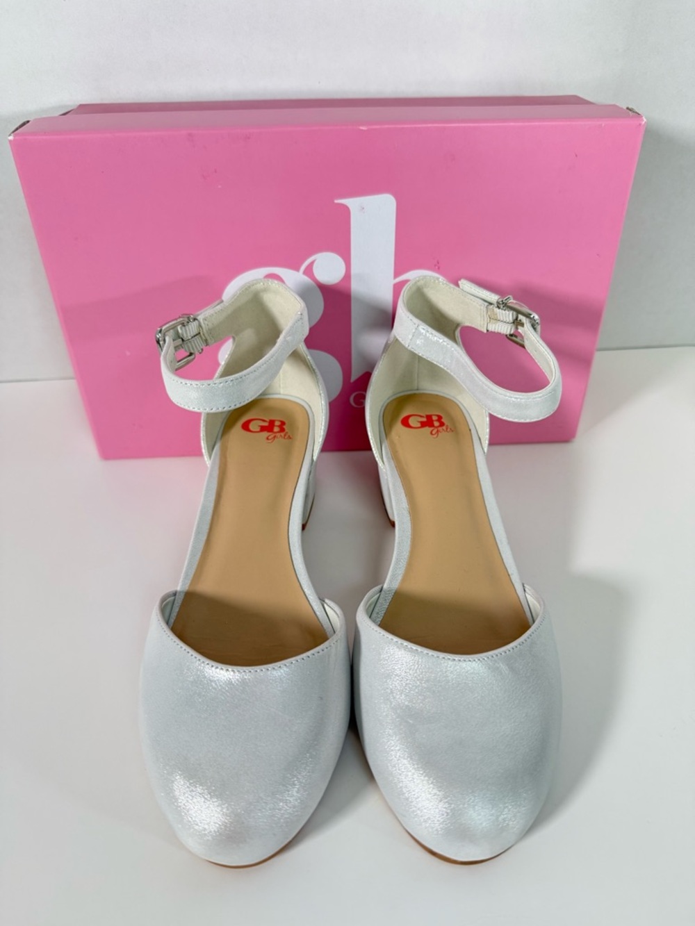 GB Girls Silver White Ankle-Strap Heels